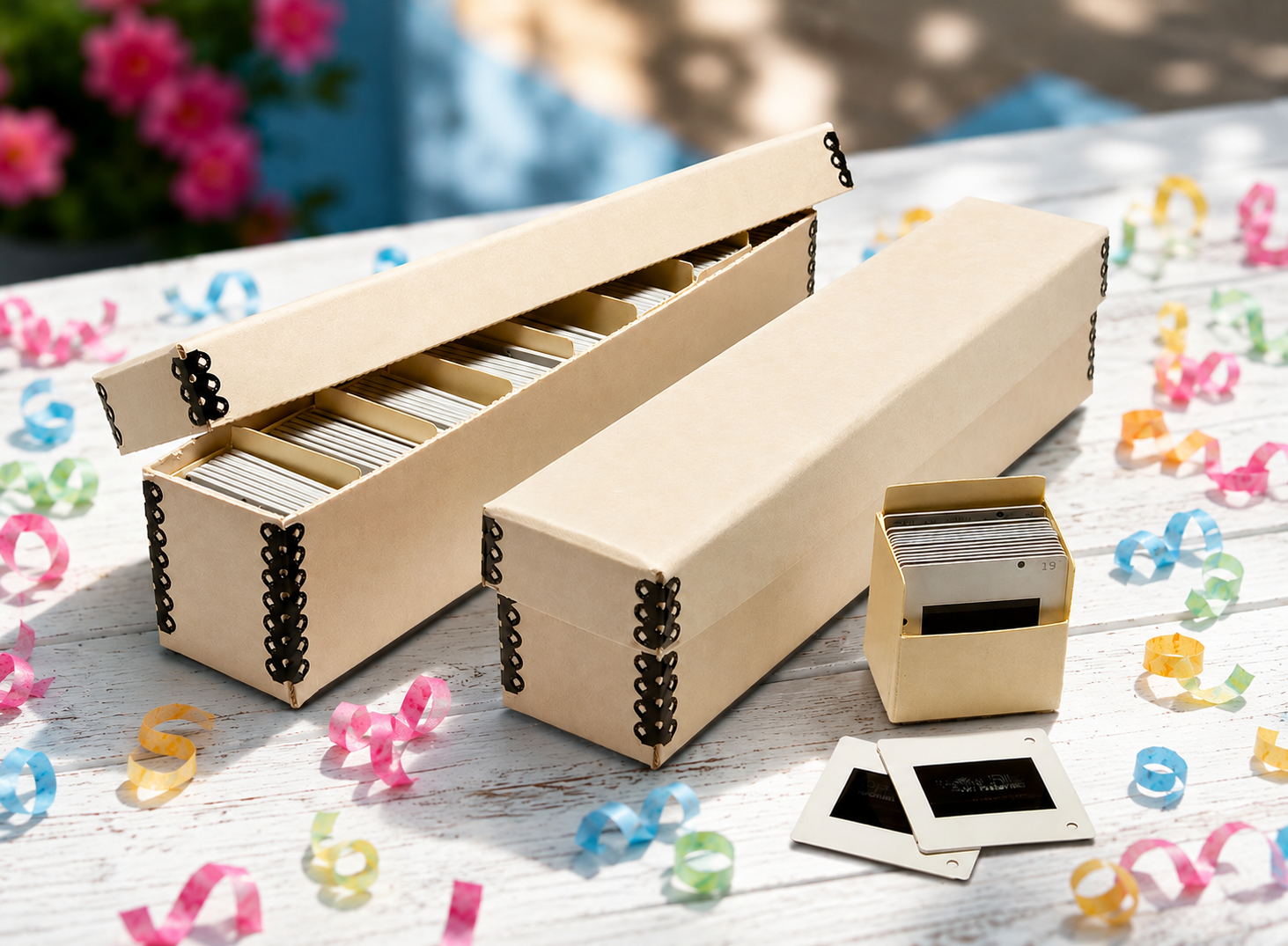 Slide storage boxes on white table with colorful confetti around